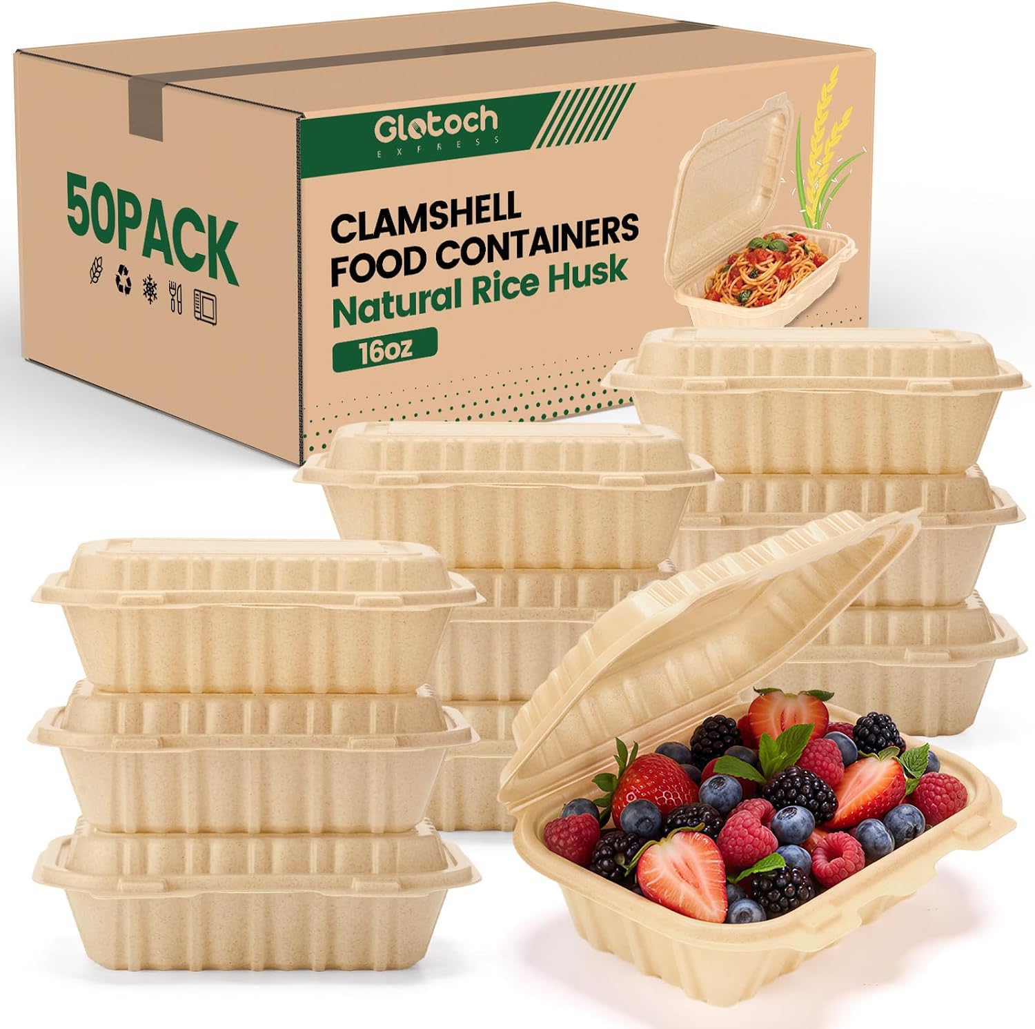 Salad Container Jar - 50er-Pack 16oz Clamshell Take-Away-Behälter, Natürliche Reishülsen-Einwegboxen